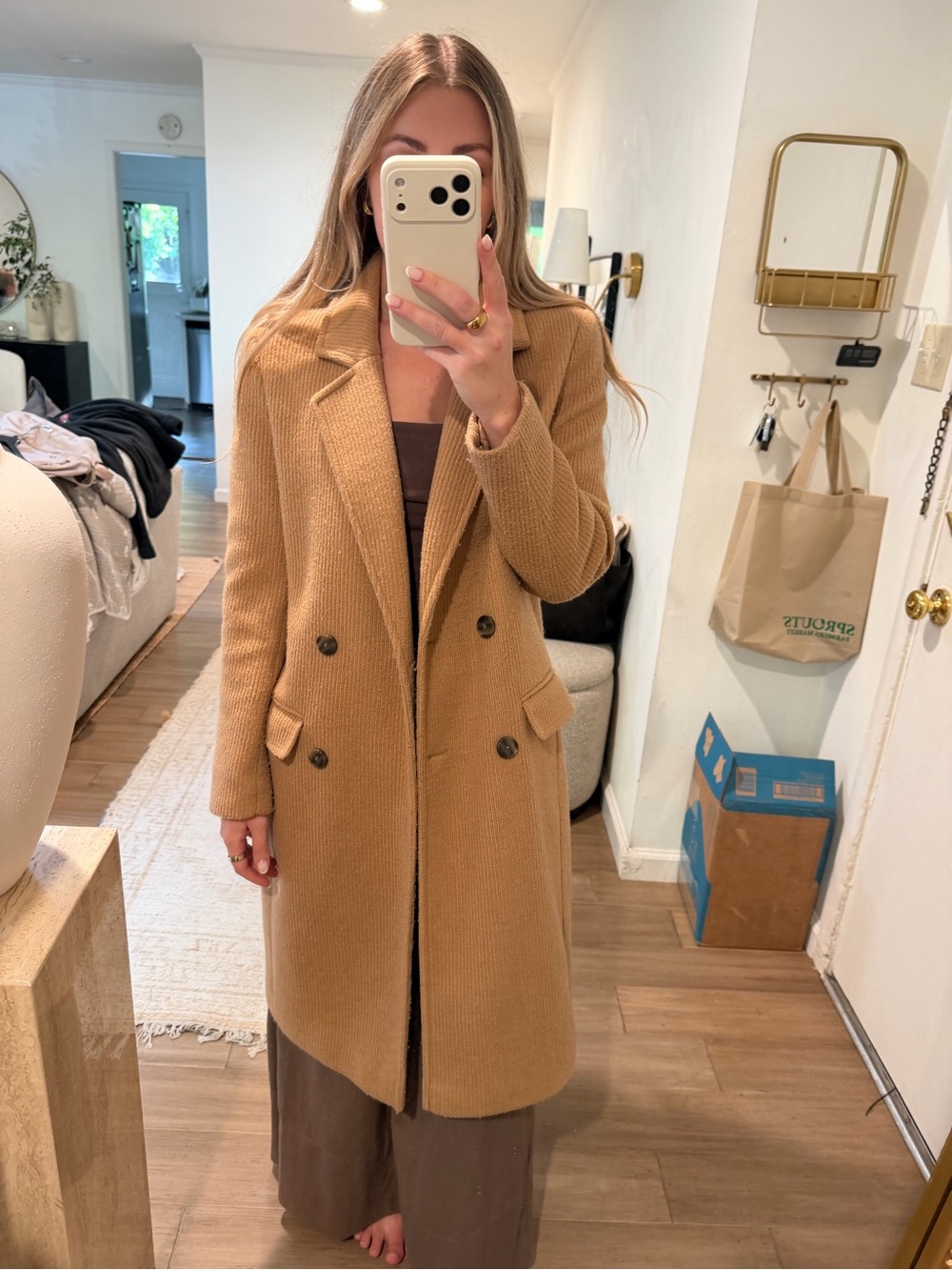 Express Small Double-Breasted Camel Wool Coat
